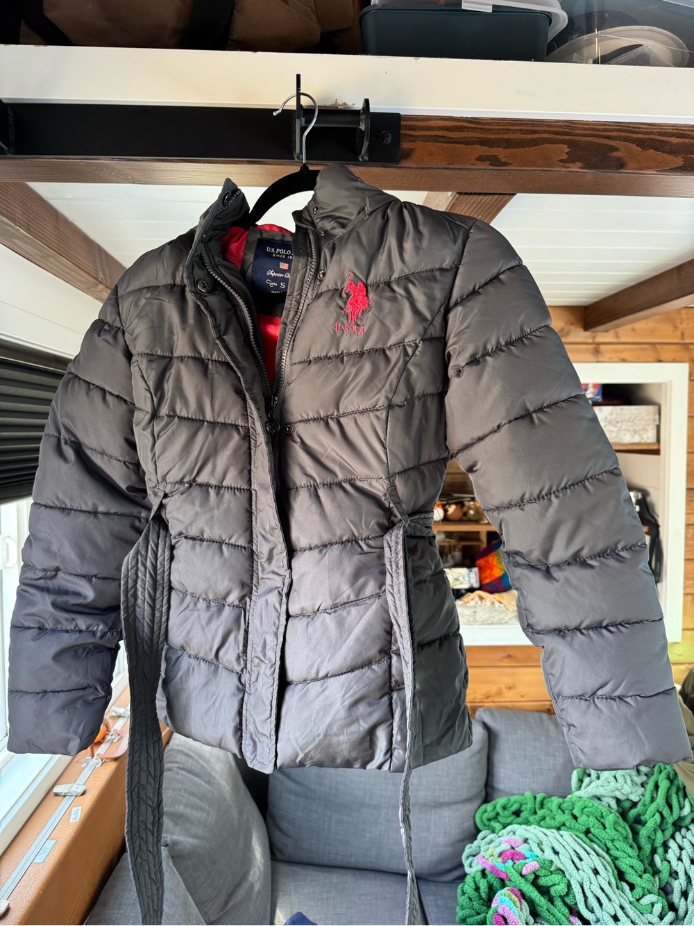 U.S. Polo Assn. Black Quilted Puffer Jacket with Red Logo